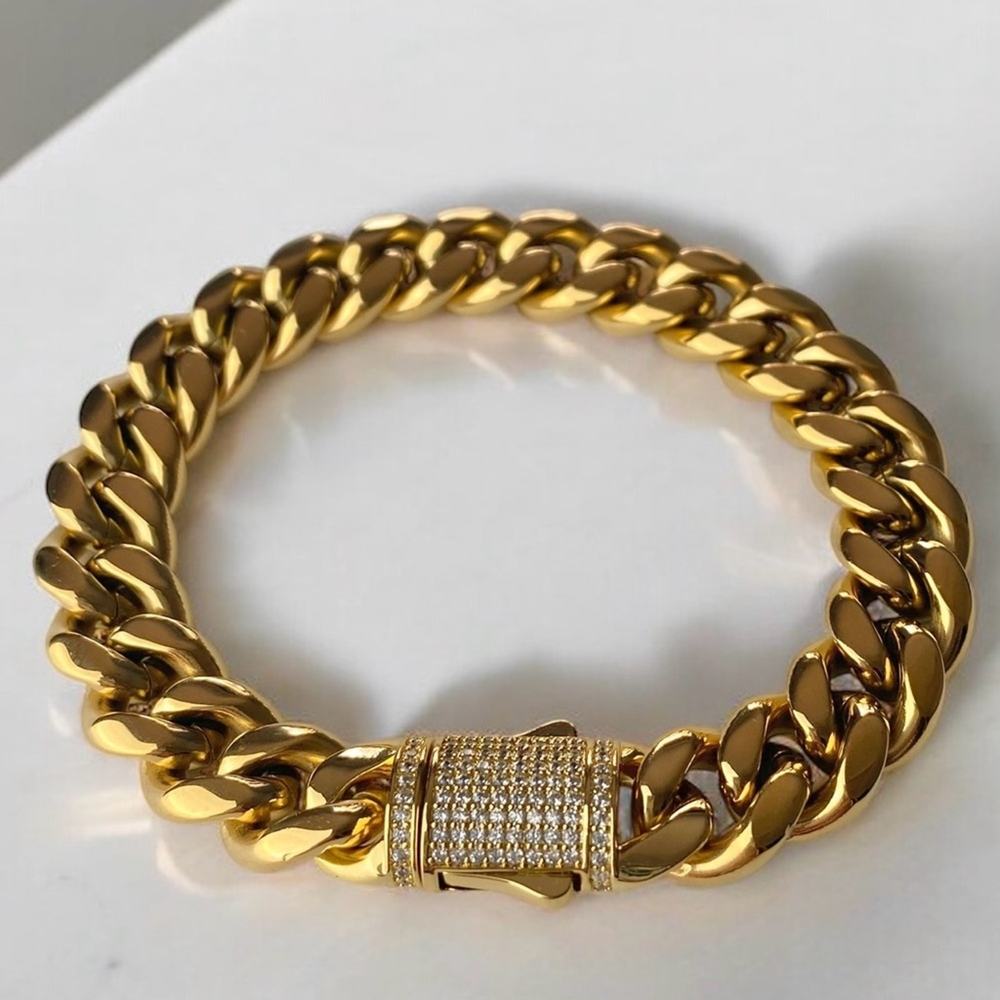 Iced out Miami Cuban  12MM Link Bracelet 14K Gold Plated Stainless Steel 8.5”NEW